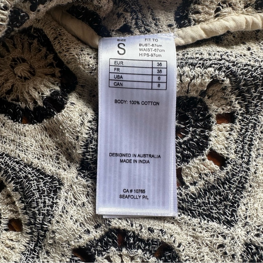 Anthropologie Seafolly Crochet Hipster Coverup Beach Mini Dress Black and Cream - Picture 7 of 11